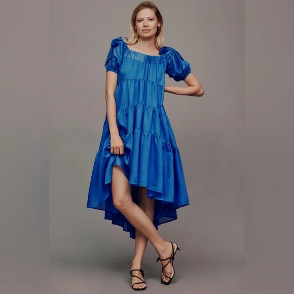 off the shoulder midi dress anthropologie By Anthropologie Off-The-Shoulder Tiered High-Low Midi Dress
